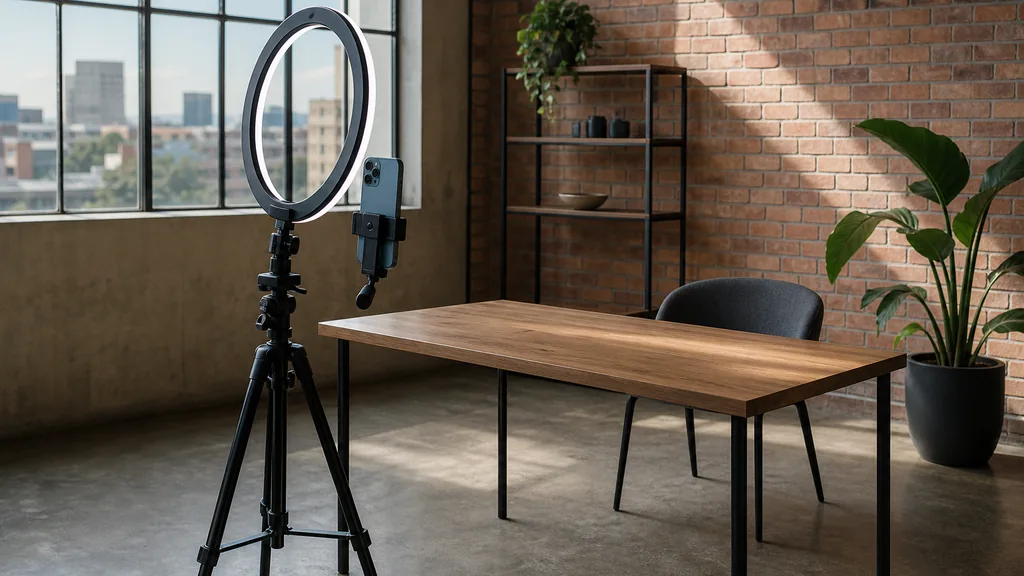 Editorial photograph of a Johannesburg content studio corner with a phone on a tripod and a ring light