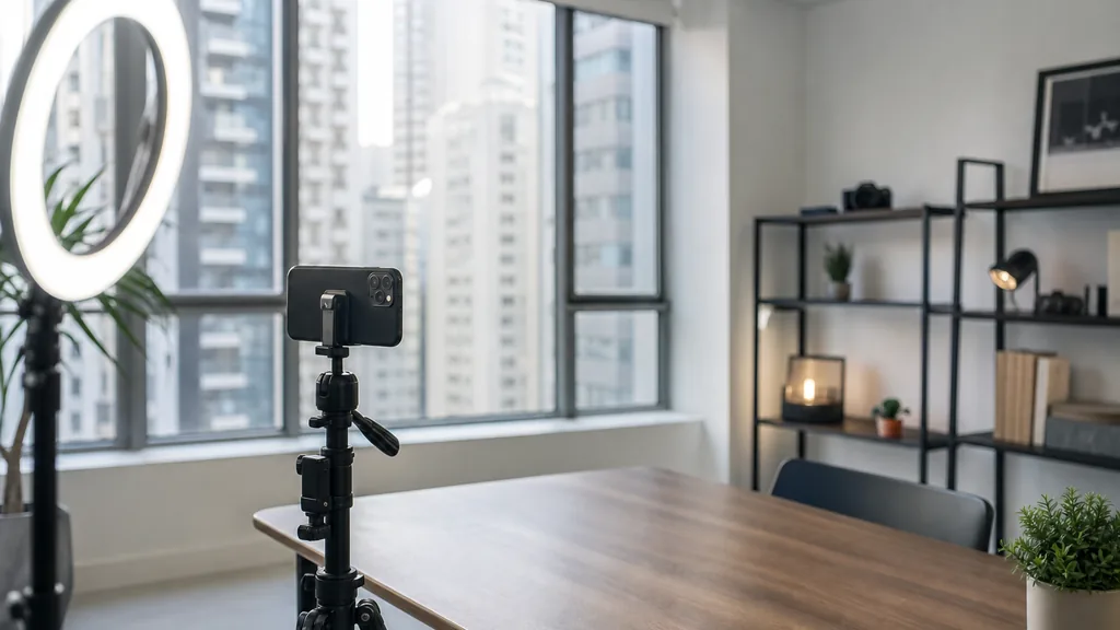 Editorial photograph of a Hong Kong content studio corner with a phone on a tripod and a ring light
