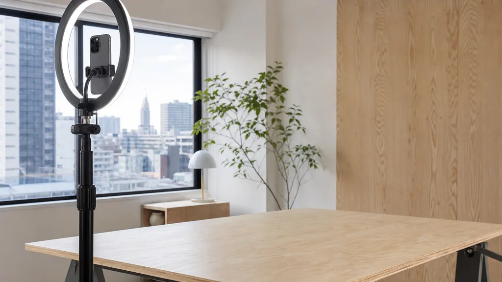 Editorial photograph of a Tokyo content studio corner with a phone on a tripod and a ring light