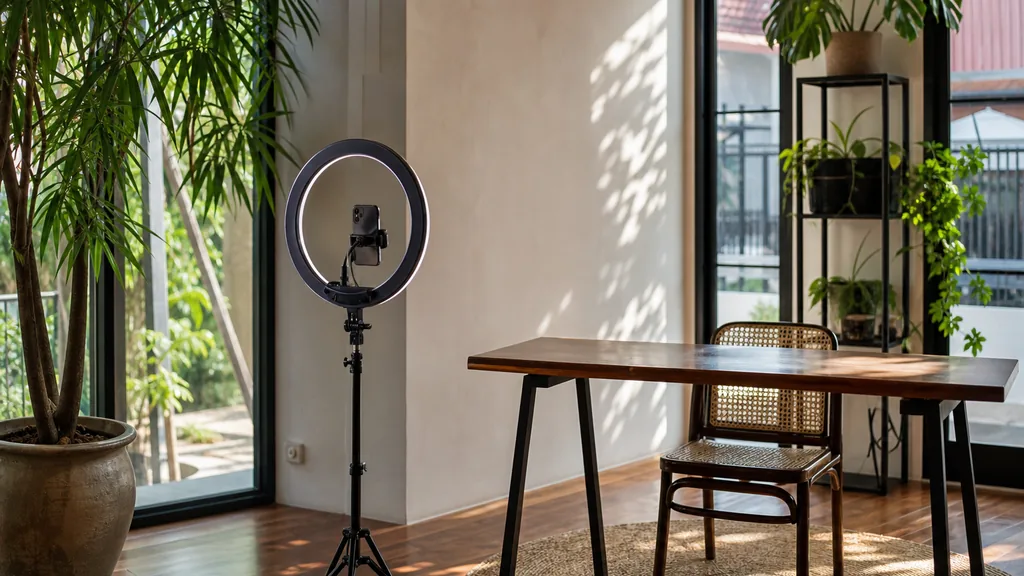 Editorial photograph of a Bangkok content studio corner with a phone on a tripod and a ring light