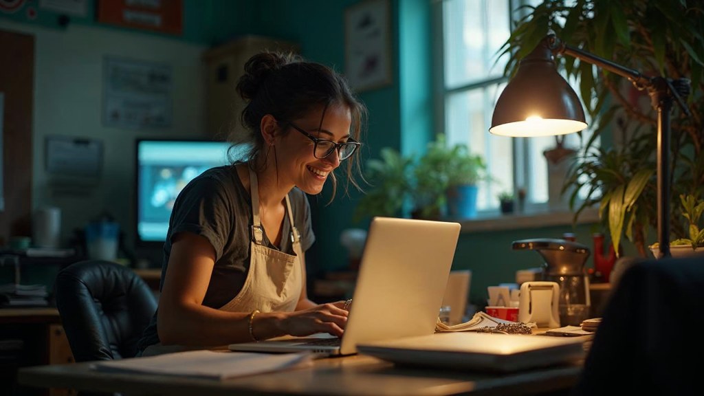 A small-business owner in an apron leaning over a laptop on a cluttered back-office desk late in the day, photographed in Miami