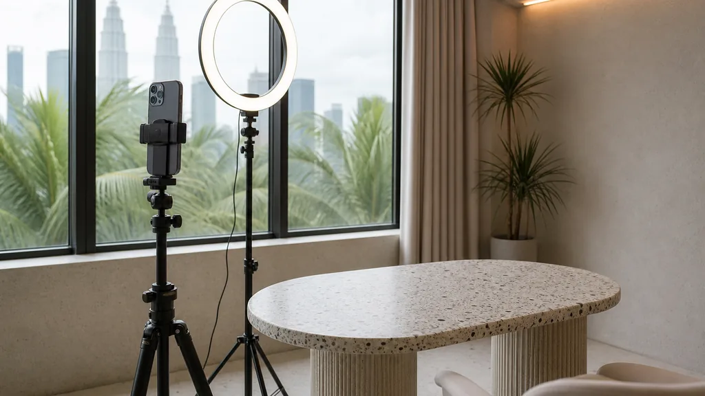 Editorial photograph of a Kuala Lumpur content studio corner with a phone on a tripod and a ring light