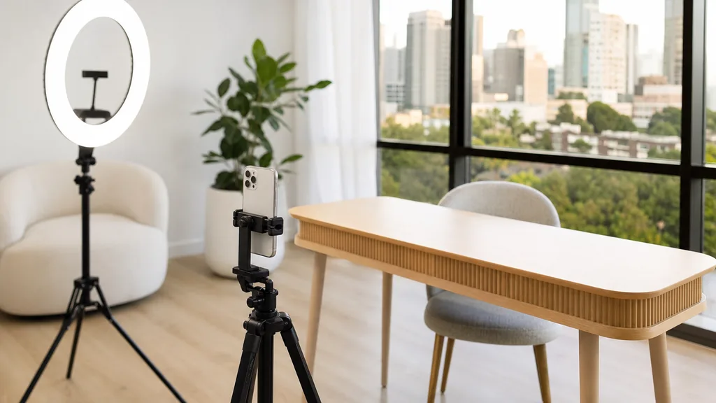 Editorial photograph of a Brisbane content studio corner with a phone on a tripod and a ring light