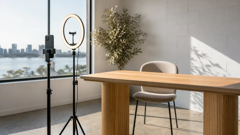 Editorial photograph of a Perth content studio corner with a phone on a tripod and a ring light