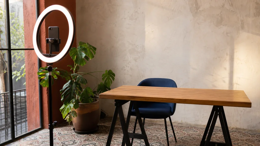 Editorial photograph of a Mexico City content studio corner with a phone on a tripod and a ring light