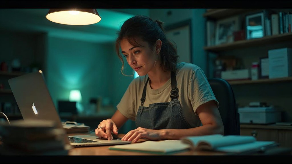 A small-business owner in an apron leaning over a laptop on a cluttered back-office desk late in the day, photographed in Miami