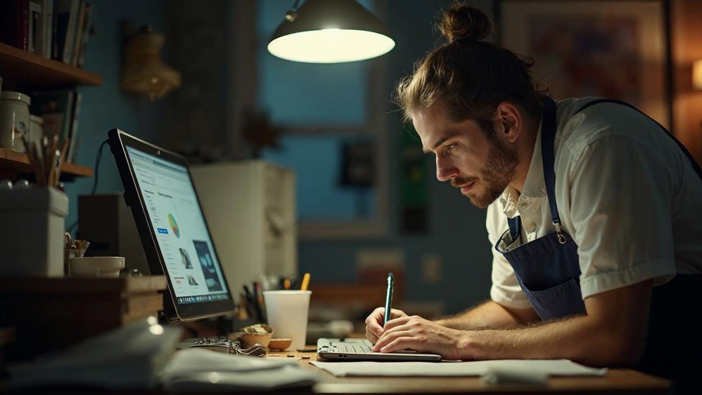 A small-business owner in an apron leaning over a laptop on a cluttered back-office desk late in the day, photographed in Miami