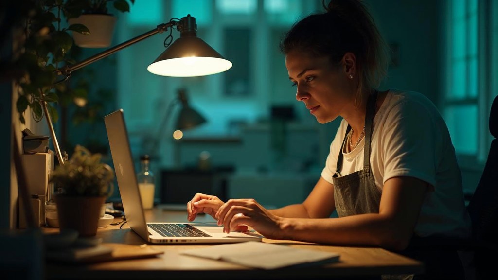 A small-business owner in an apron leaning over a laptop on a cluttered back-office desk late in the day, photographed in Miami