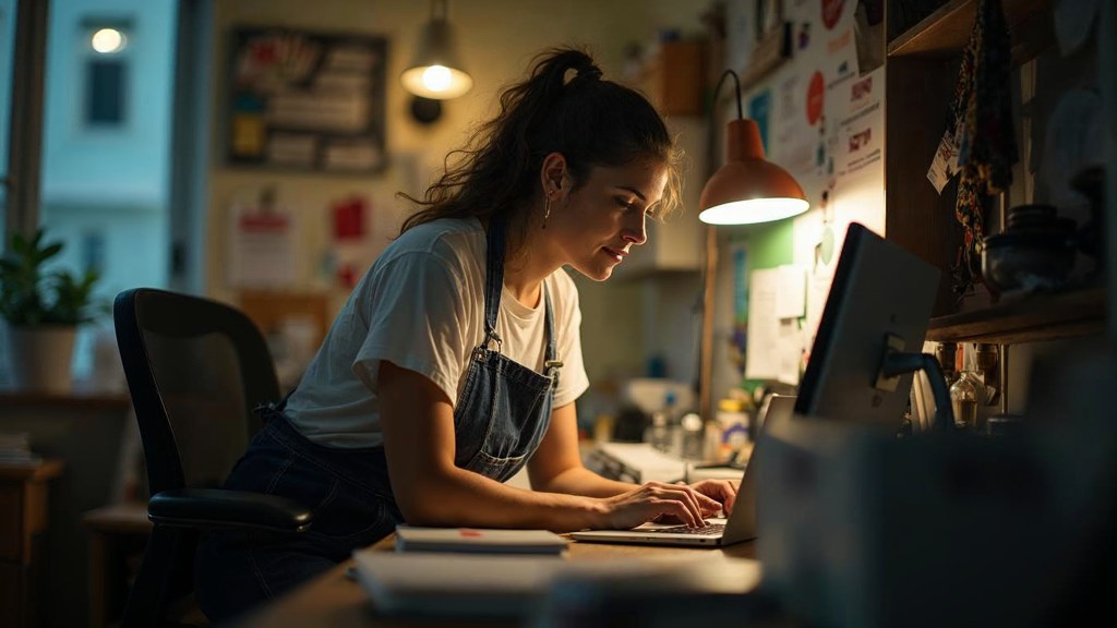 A small-business owner in an apron leaning over a laptop on a cluttered back-office desk late in the day, photographed in Miami