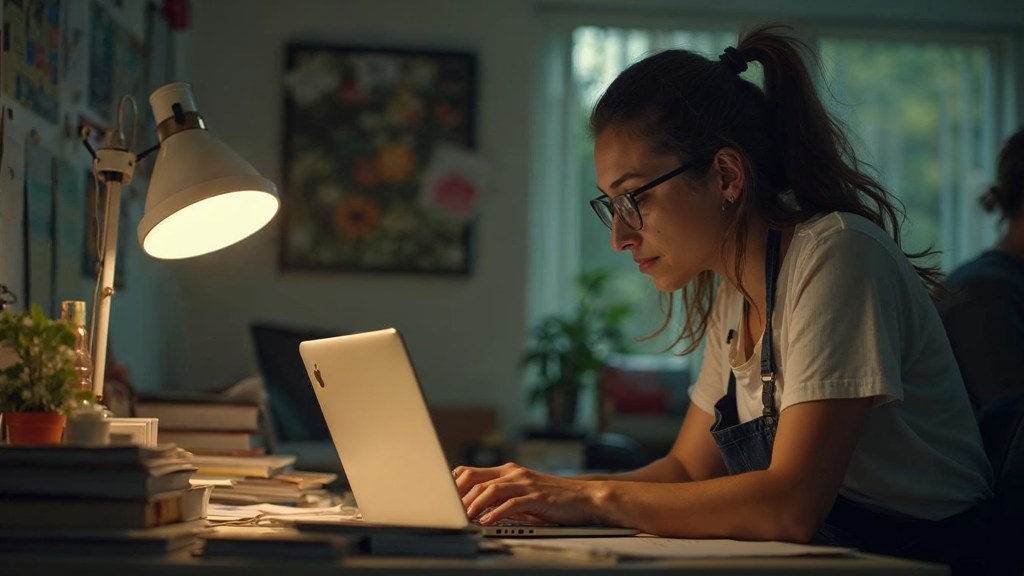 A small-business owner in an apron leaning over a laptop on a cluttered back-office desk late in the day, photographed in Miami