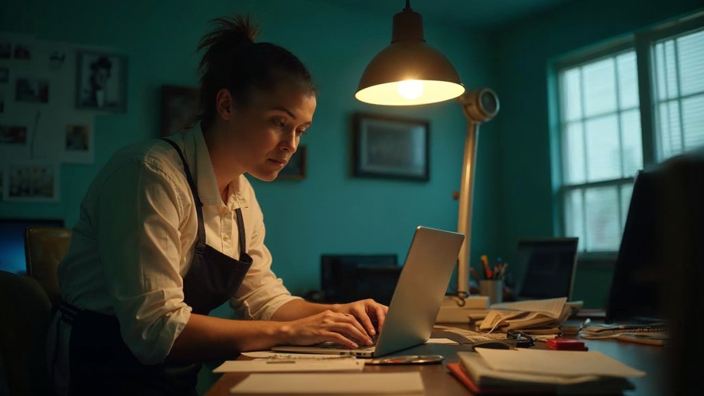 A small-business owner in an apron leaning over a laptop on a cluttered back-office desk late in the day, photographed in Miami