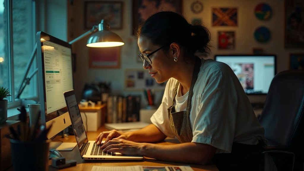 A small-business owner in an apron leaning over a laptop on a cluttered back-office desk late in the day, photographed in Miami