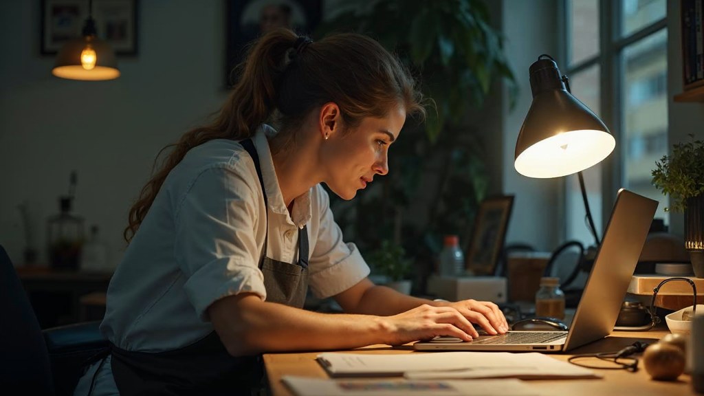 A small-business owner in an apron leaning over a laptop on a cluttered back-office desk late in the day, photographed in Miami