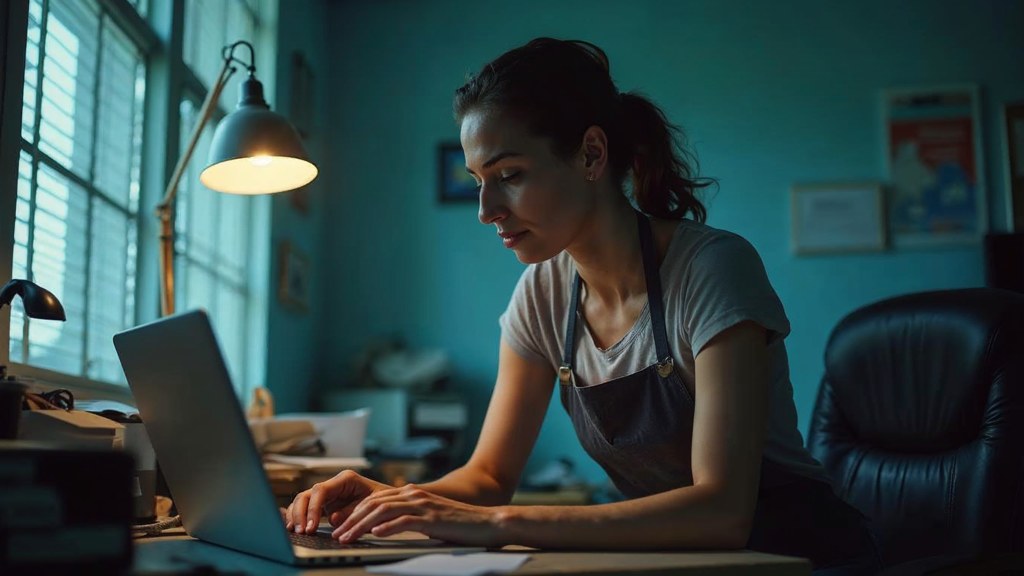 A small-business owner in an apron leaning over a laptop on a cluttered back-office desk late in the day, photographed in Miami