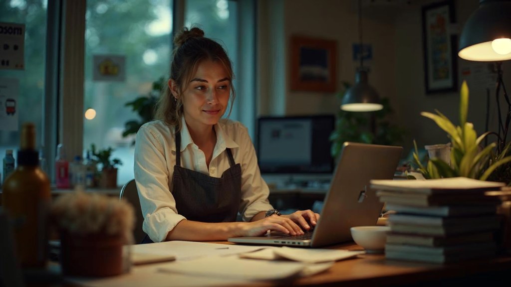 A small-business owner in an apron leaning over a laptop on a cluttered back-office desk late in the day, photographed in Miami