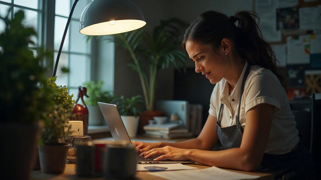 A small-business owner in an apron leaning over a laptop on a cluttered back-office desk late in the day, photographed in Miami