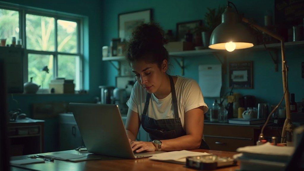 A small-business owner in an apron leaning over a laptop on a cluttered back-office desk late in the day, photographed in Miami