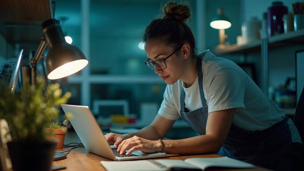 A small-business owner in an apron leaning over a laptop on a cluttered back-office desk late in the day, photographed in Miami