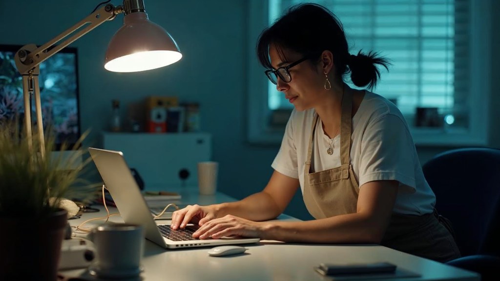A small-business owner in an apron leaning over a laptop on a cluttered back-office desk late in the day, photographed in Miami