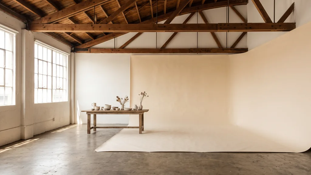 Editorial photograph of an empty photography studio in an Oakland warehouse with exposed timber trusses, a warm cream paper sweep and a plain reclaimed-wood styling table with neutral ceramic bowls, no people and no signage