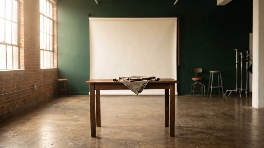 Editorial photograph of an empty photography studio in a New Orleans warehouse district building with a deep green wall, an ivory paper sweep and a plain dark walnut still-life table, no people and no signage