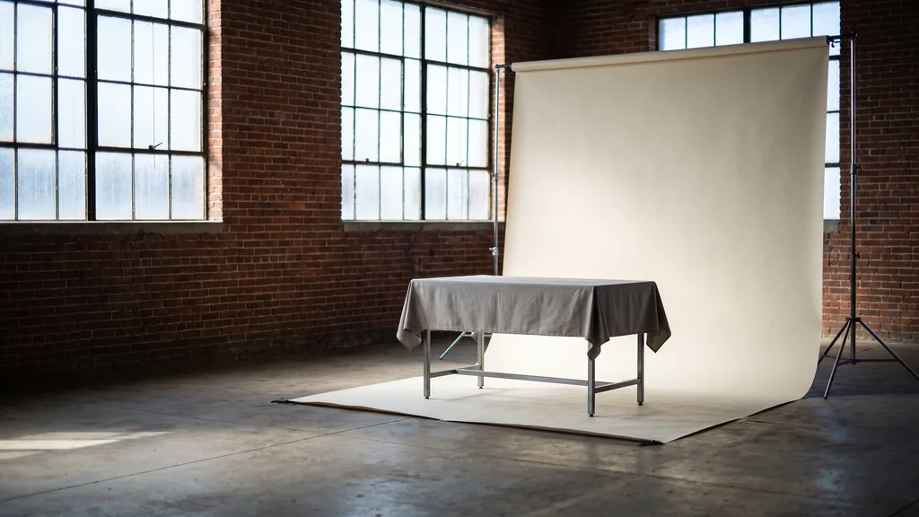 Editorial photograph of an empty photography studio in a St Louis red-brick warehouse with a pale bone paper sweep and a plain steel shooting table holding neutral grey cloth, no people and no signage