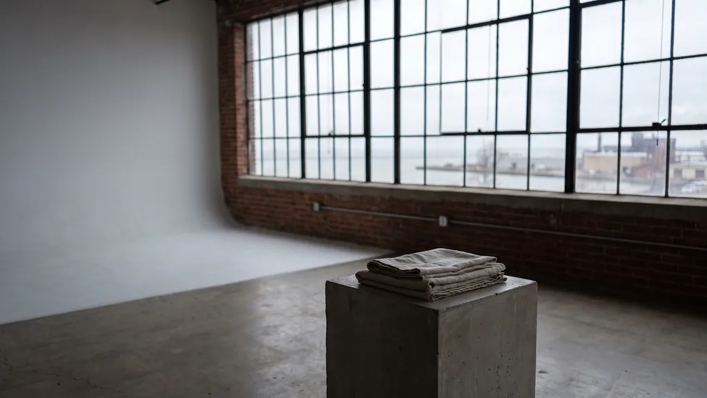 Editorial photograph of an empty photography studio in a Cleveland lakefront industrial loft with a light grey cyclorama and a plain concrete shooting plinth with folded linen, no people and no signage