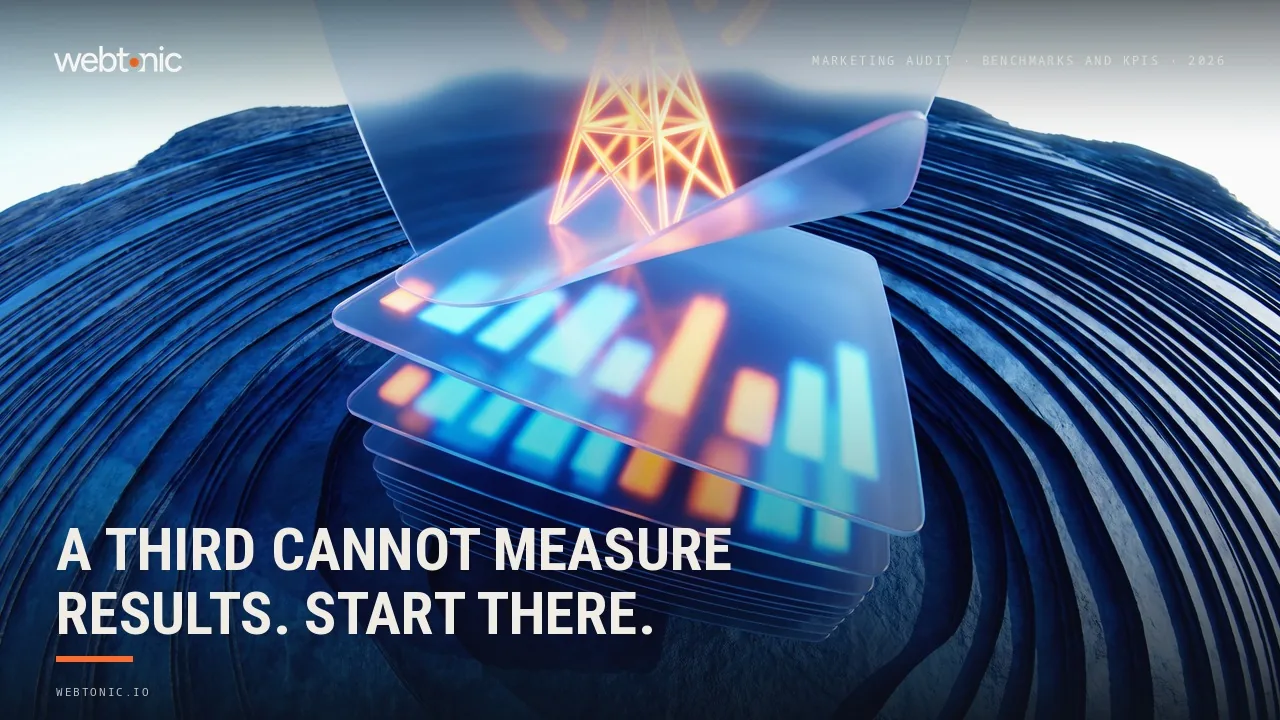 Marketing audit benchmarks and KPIs statistics 2026 thumbnail showing 33 percent of B2B marketers unable to measure results and a 16 month median payback benchmark