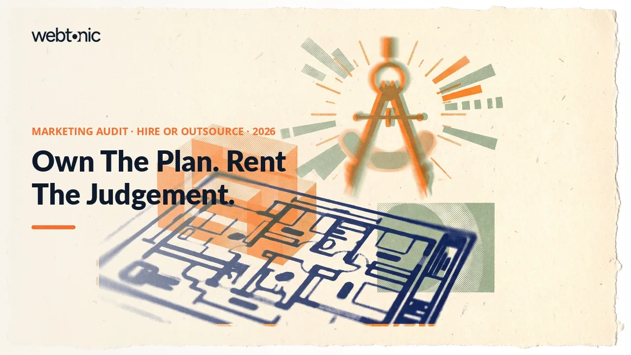 Marketing audit hiring versus outsourcing statistics 2026 thumbnail showing 66 percent of firms keeping at least a quarter of marketing work in-house and 35 percent using hybrid structures