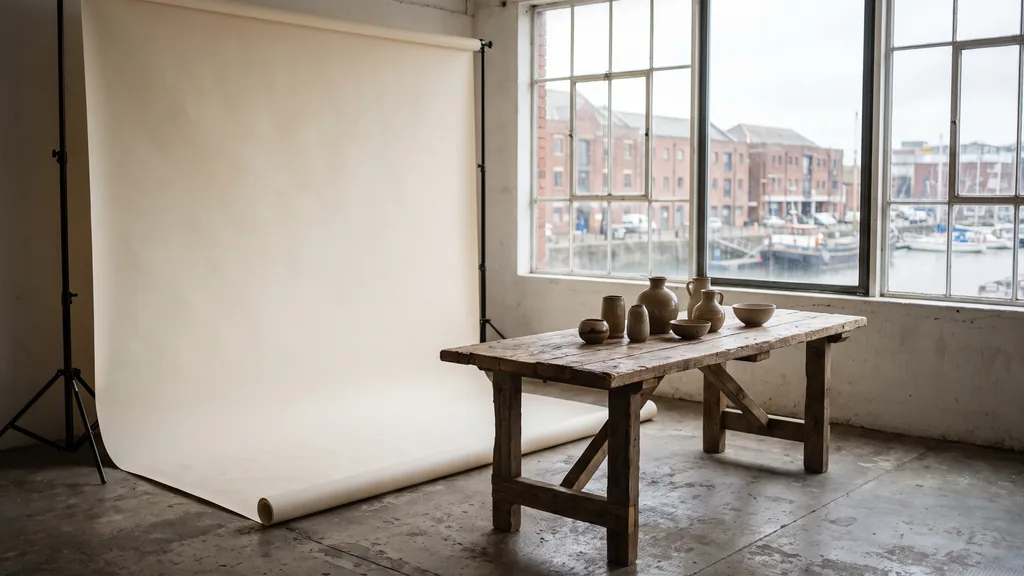 Editorial photograph of an empty photography studio in a Bristol harbourside workshop with a soft cream paper sweep and a plain reclaimed-timber styling table with neutral ceramics, no people and no signage