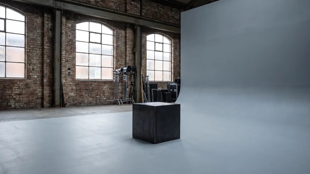 Editorial photograph of an empty photography studio in a Sheffield steelworks conversion with a cool grey cyclorama and a plain blackened-steel shooting plinth, no people and no signage