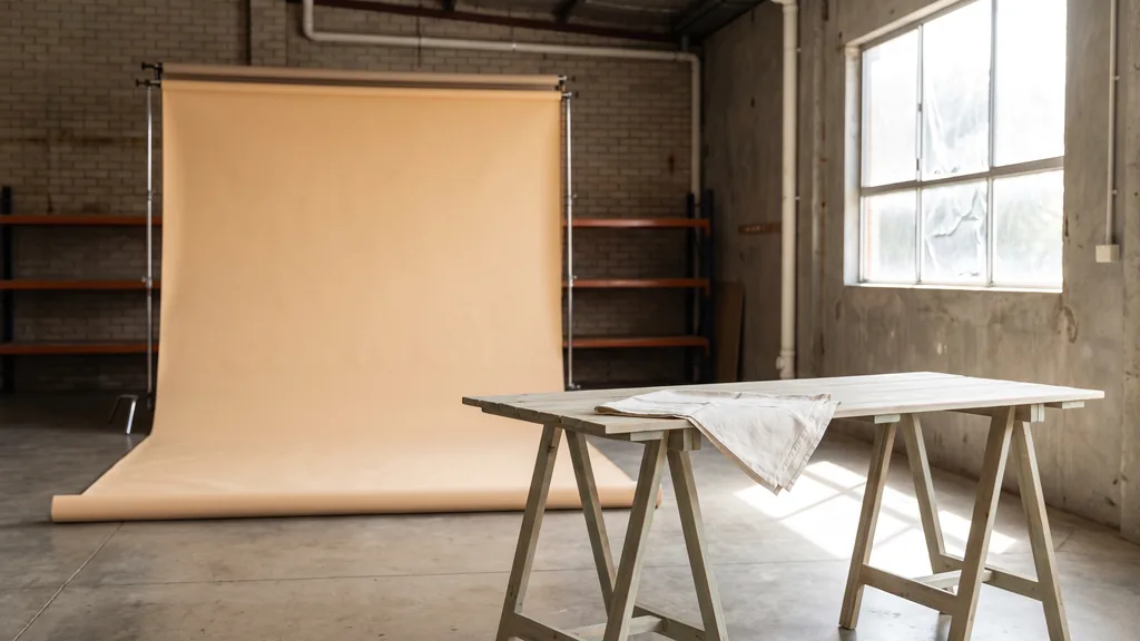 Editorial photograph of an empty photography studio in an Adelaide light-industrial unit with a warm sand paper sweep and a plain pale eucalyptus styling table holding a folded cloth, no people and no signage