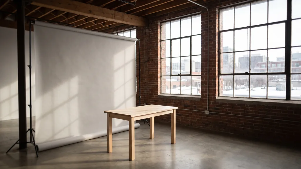 Editorial photograph of an empty photography studio in an Ottawa converted industrial loft with a soft stone-grey paper sweep and a plain maple still-life table, no people and no signage