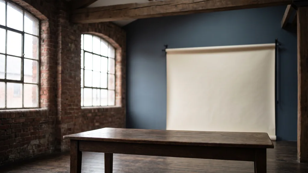 Editorial photograph of an empty photography studio in a Belfast Victorian brick warehouse with a deep slate wall, an ivory paper sweep and a plain dark oak still-life table, no people and no signage