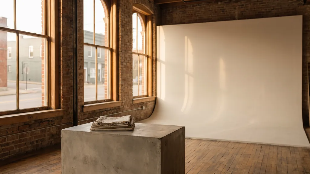 Editorial photograph of an empty photography studio in a Cincinnati brick warehouse loft with a light bone cyclorama and a plain concrete shooting plinth with folded linen, no people and no signage