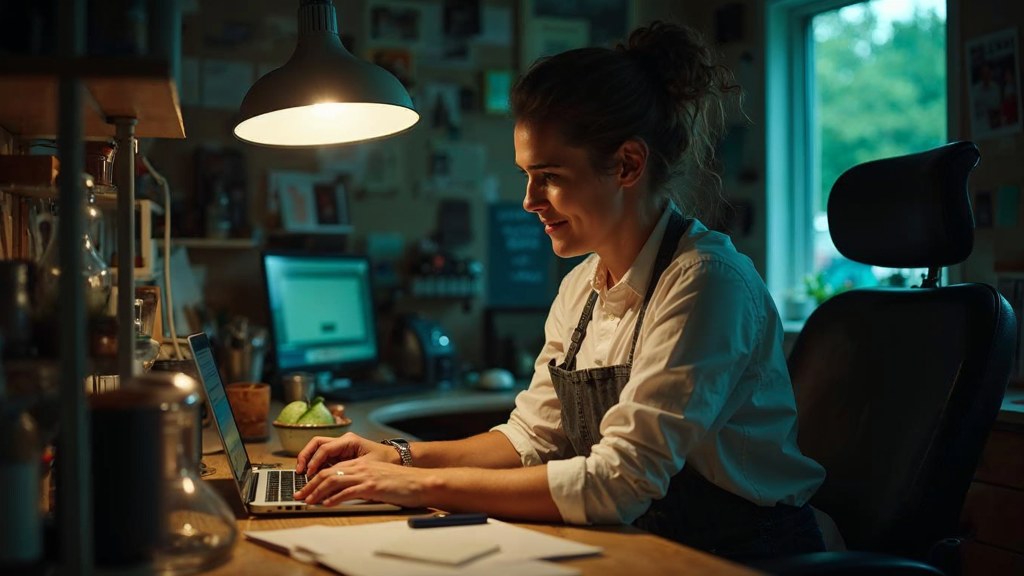 A small-business owner in an apron leaning over a laptop on a cluttered back-office desk late in the day, photographed in Milwaukee