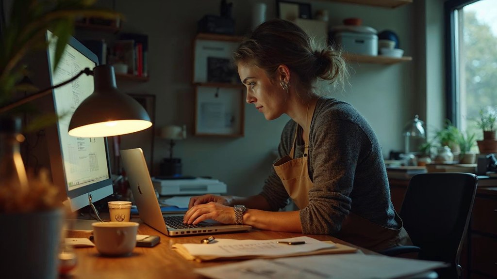 A small-business owner in an apron leaning over a laptop on a cluttered back-office desk late in the day, photographed in Milwaukee