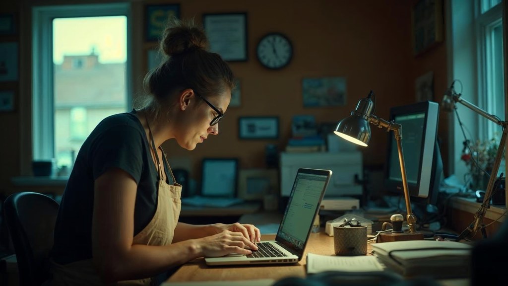 A small-business owner in an apron leaning over a laptop on a cluttered back-office desk late in the day, photographed in Milwaukee