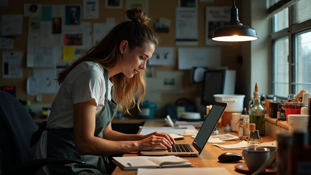 A small-business owner in an apron leaning over a laptop on a cluttered back-office desk late in the day, photographed in Milwaukee