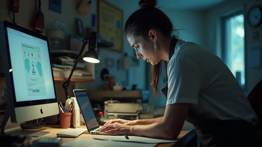 A small-business owner in an apron leaning over a laptop on a cluttered back-office desk late in the day, photographed in Milwaukee