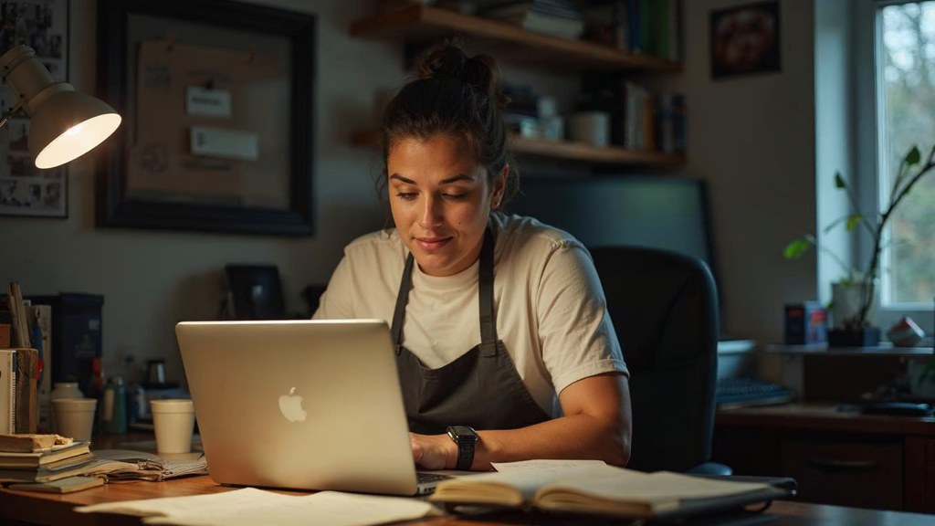 A small-business owner in an apron leaning over a laptop on a cluttered back-office desk late in the day, photographed in Milwaukee