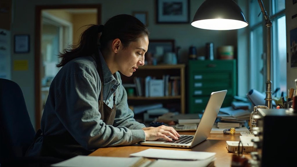 A small-business owner in an apron leaning over a laptop on a cluttered back-office desk late in the day, photographed in Milwaukee