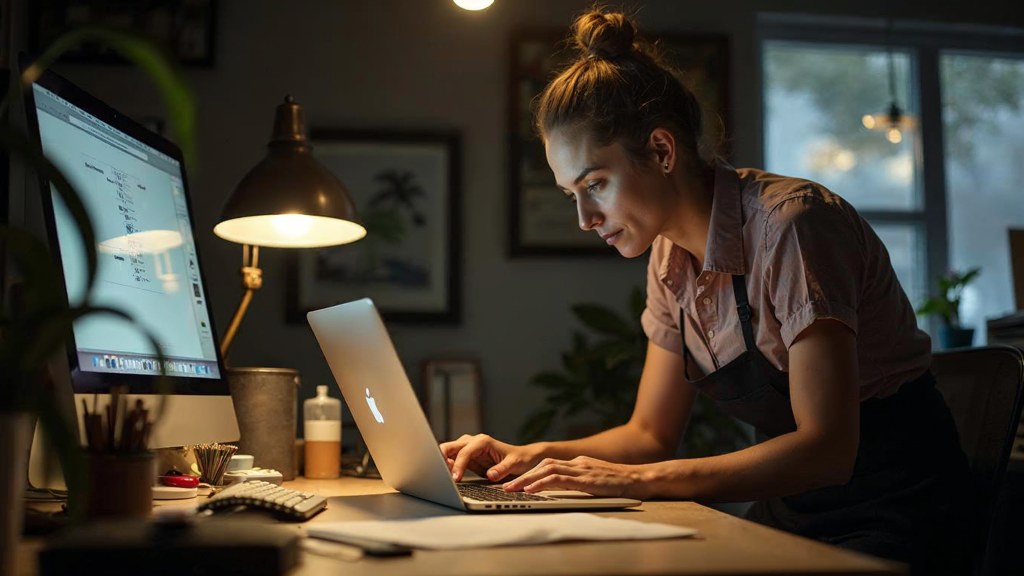 A small-business owner in an apron leaning over a laptop on a cluttered back-office desk late in the day, photographed in Milwaukee
