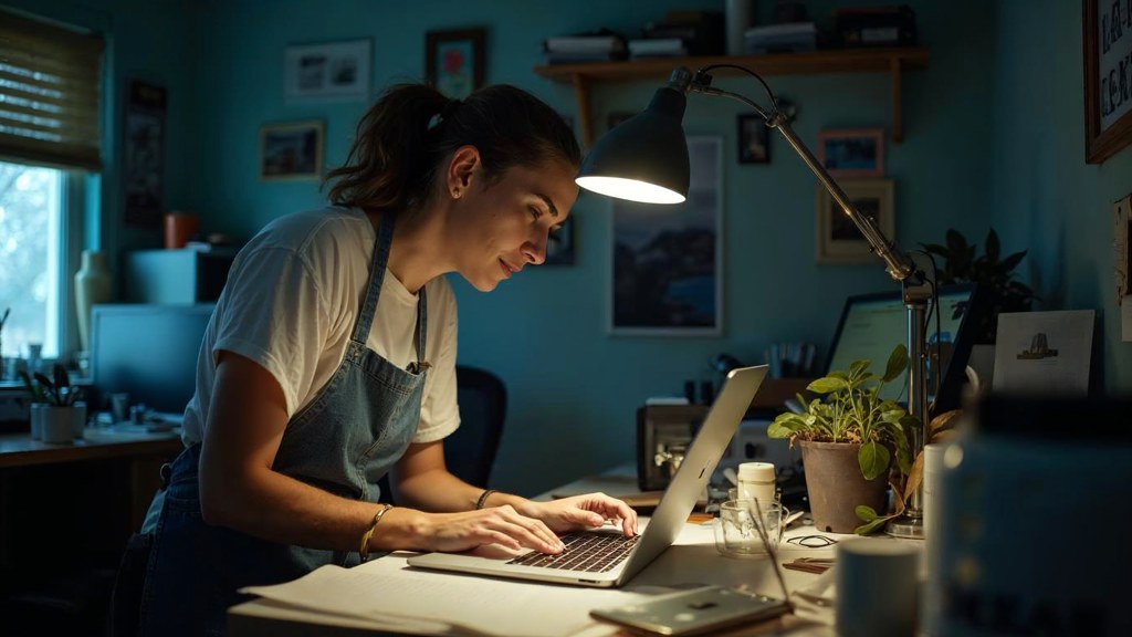 A small-business owner in an apron leaning over a laptop on a cluttered back-office desk late in the day, photographed in Milwaukee