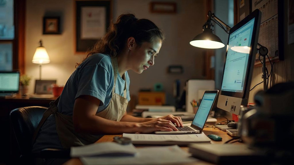 A small-business owner in an apron leaning over a laptop on a cluttered back-office desk late in the day, photographed in Milwaukee