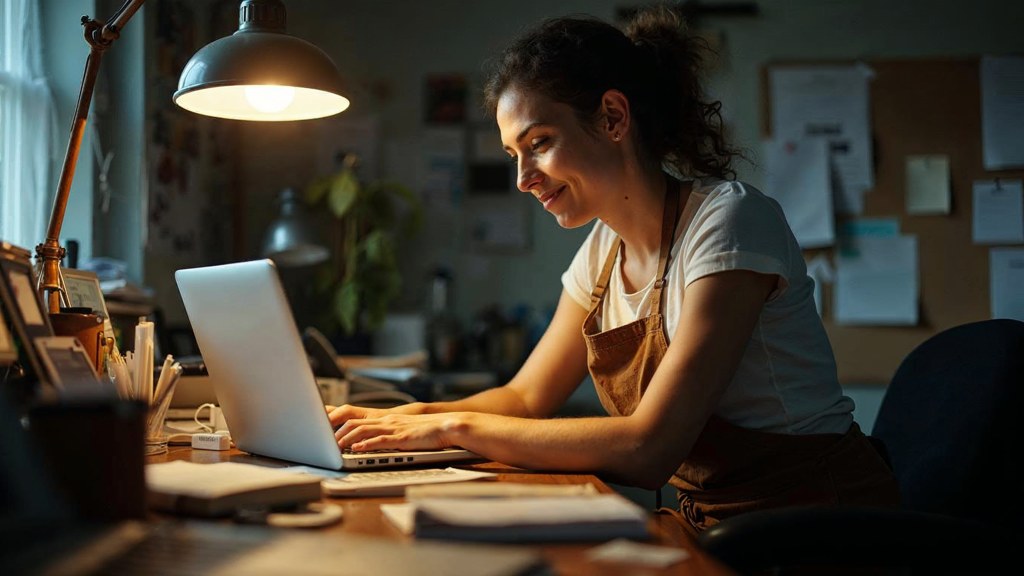 A small-business owner in an apron leaning over a laptop on a cluttered back-office desk late in the day, photographed in Milwaukee