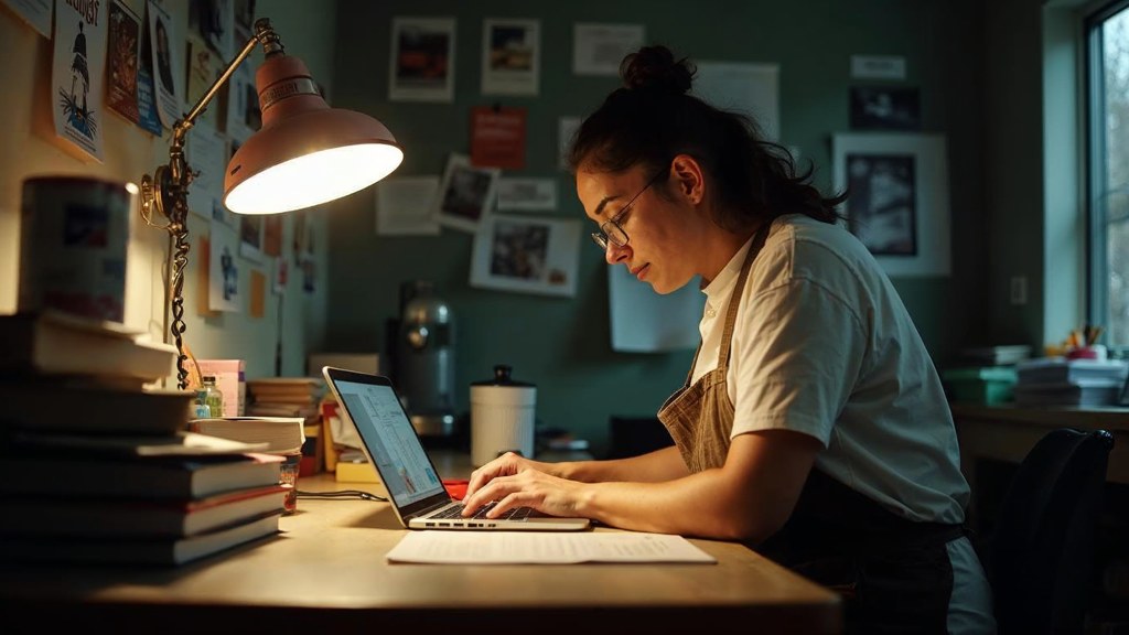 A small-business owner in an apron leaning over a laptop on a cluttered back-office desk late in the day, photographed in Milwaukee