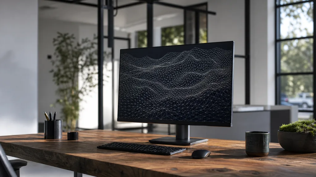 Editorial photograph of a San Jose design studio with white walls, black metal framing, wide monitors and bright clear California daylight