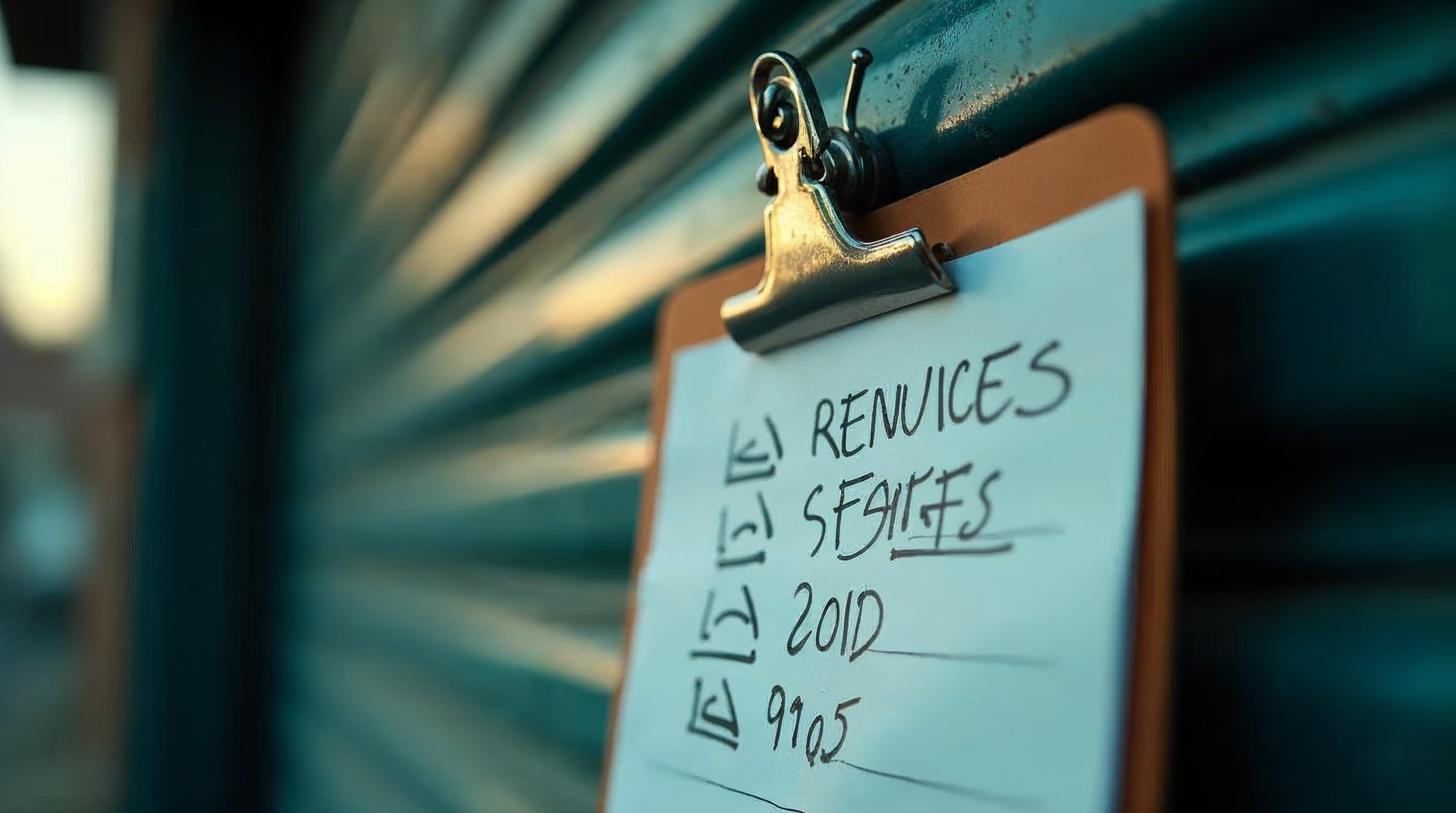 Hand-written service agreement renewal list on a clipboard beside a warehouse roller door