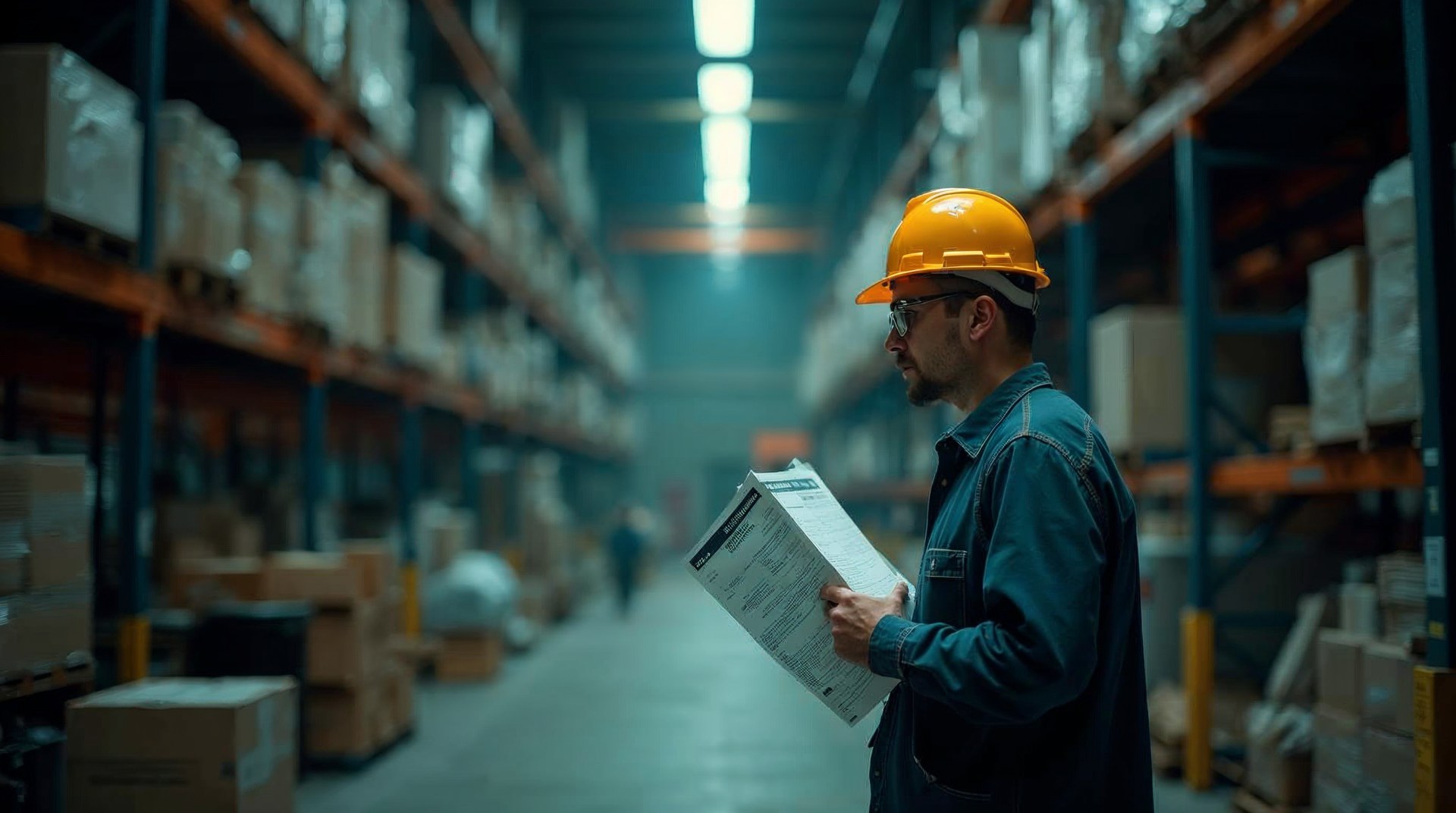 Operations director of an electrical contracting group holding a printed project schedule in a prefabrication shop aisle